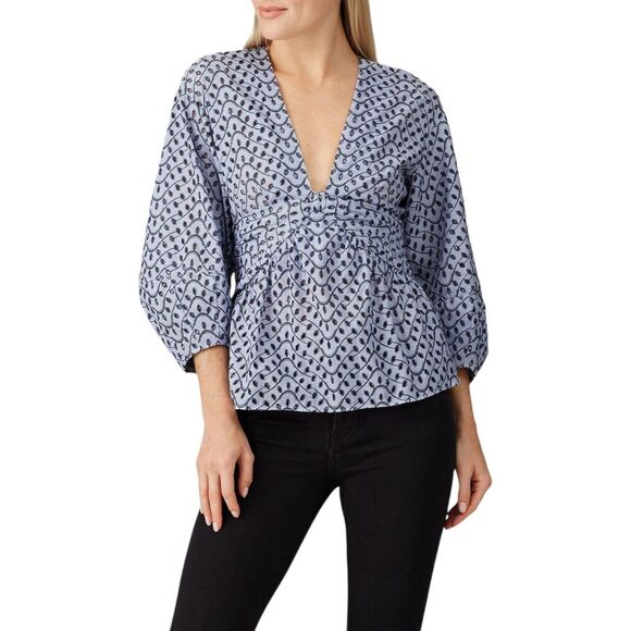 Derek Lam 10 Crosby Blue Eyelet Plunge Neo Blouse 2 - Picture 1 of 5